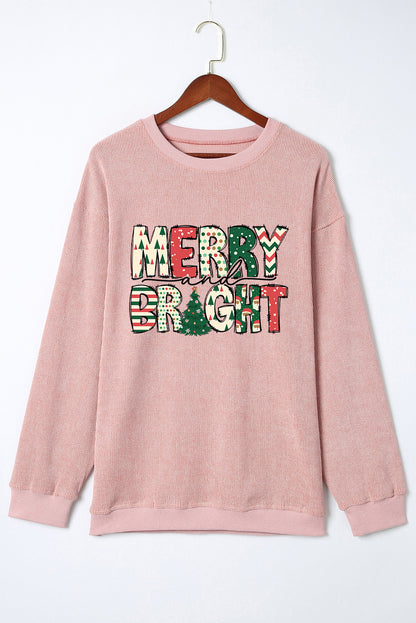 Sweat-shirt côtelé rose à imprimé sapin de Noël MERRY and BRIGHT