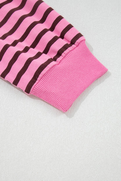 Pink Stripe V Neck Long Sleeve Drop Shoulder Blouse
