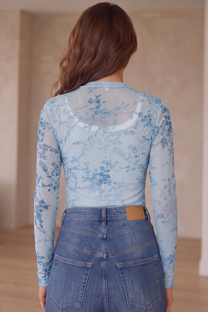 Sky Blue Sheer Mesh Floral Printed Mock Neck Long Sleeve Bodysuit