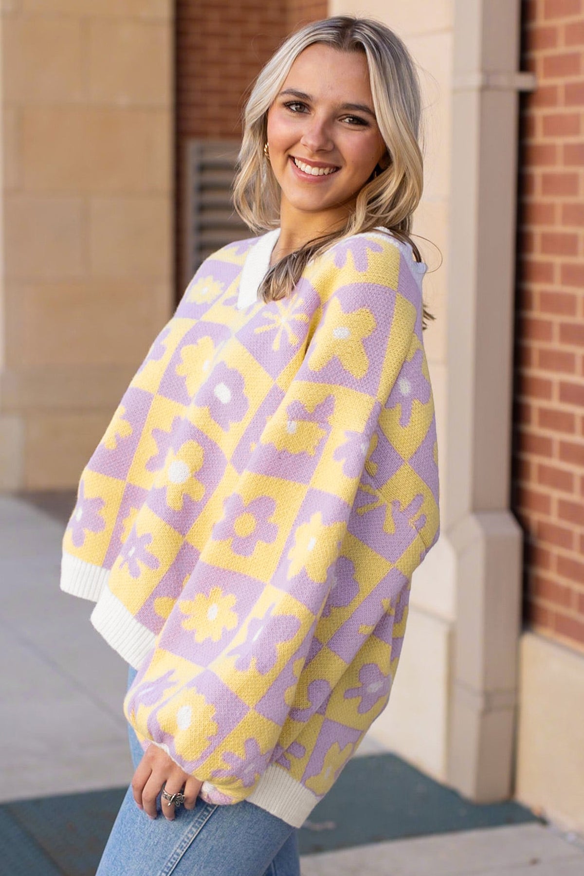 Multicolour V Neck Plaid Floral Long Sleeve Plus Size Sweater