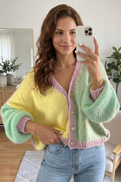 Yellow V Neck Drop Shoulder Patchwork Regular Wash Knitwear Cardigan