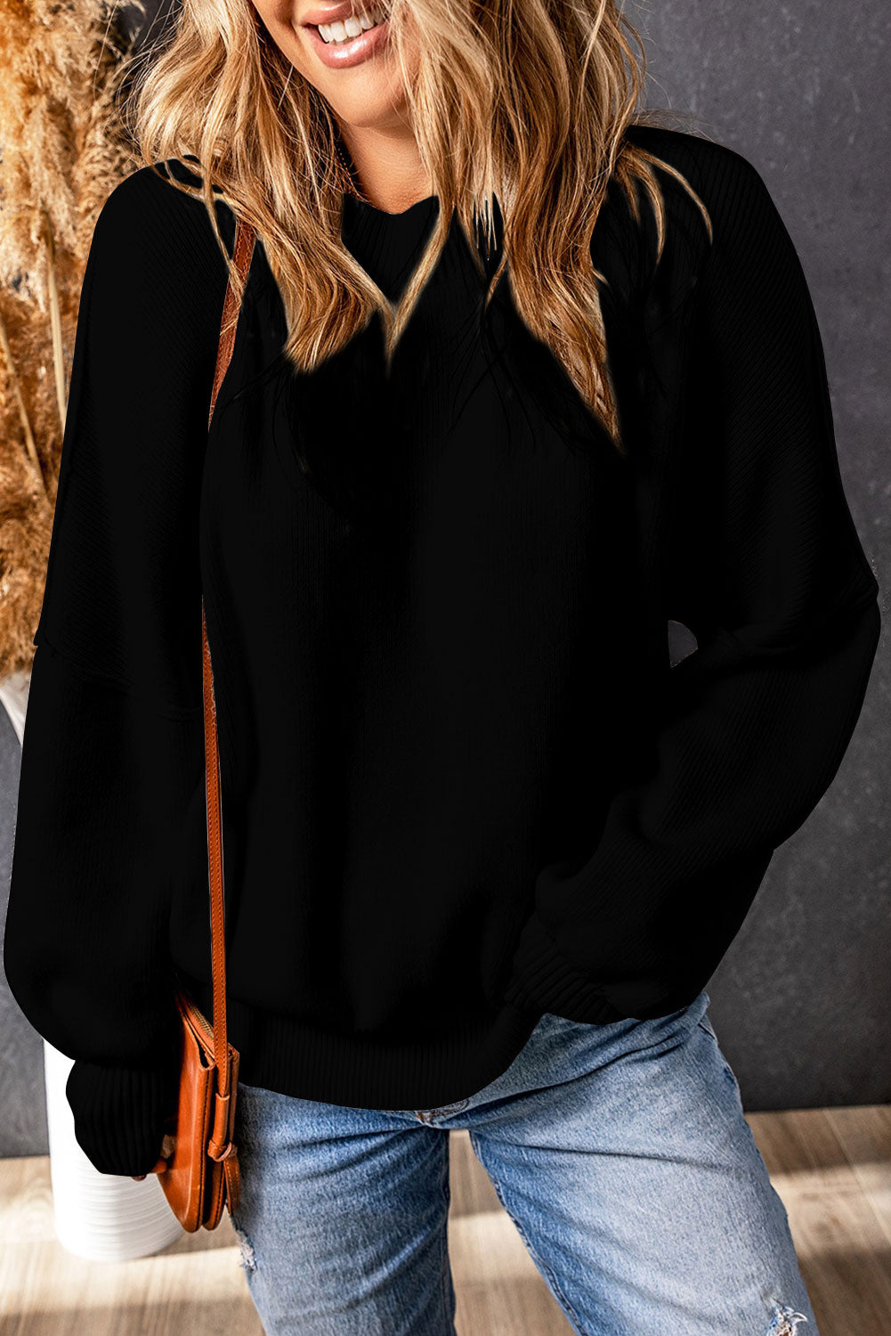 Jersey gris extragrande con hombros caídos y mangas abullonadas 