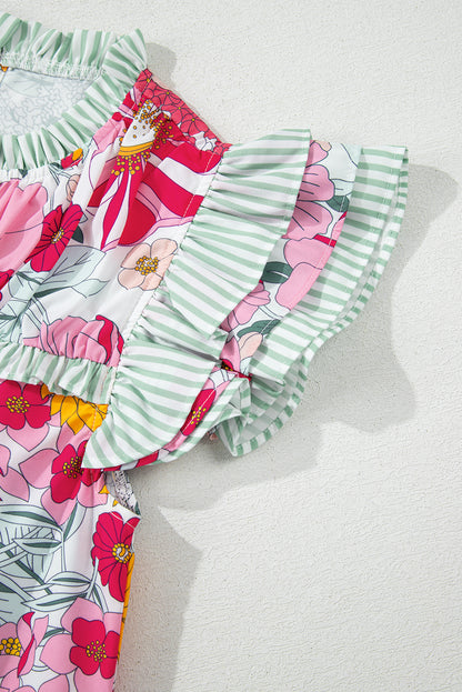 Chemisier à manches courtes à imprimé floral rose et bordure à volants contrastés