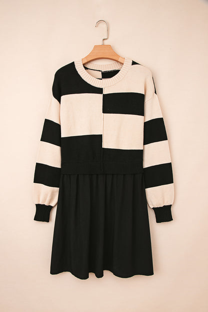 Black Stripe Two in One Knitted Top High Waist Splicing Hem Sweater Dress