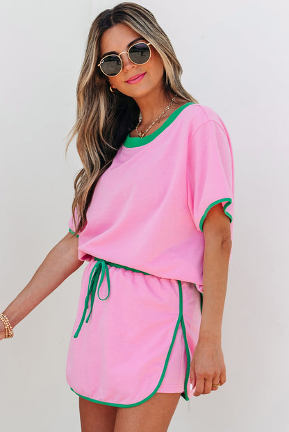 Turquoise Colorblock Edge Drop Shoulder T Shirt and Skort 2Pcs Set