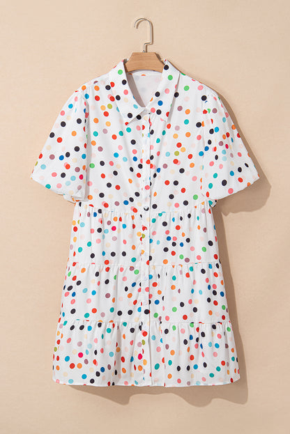 Robe chemise boutonnée à manches bouffantes et imprimé pois blancs grande taille