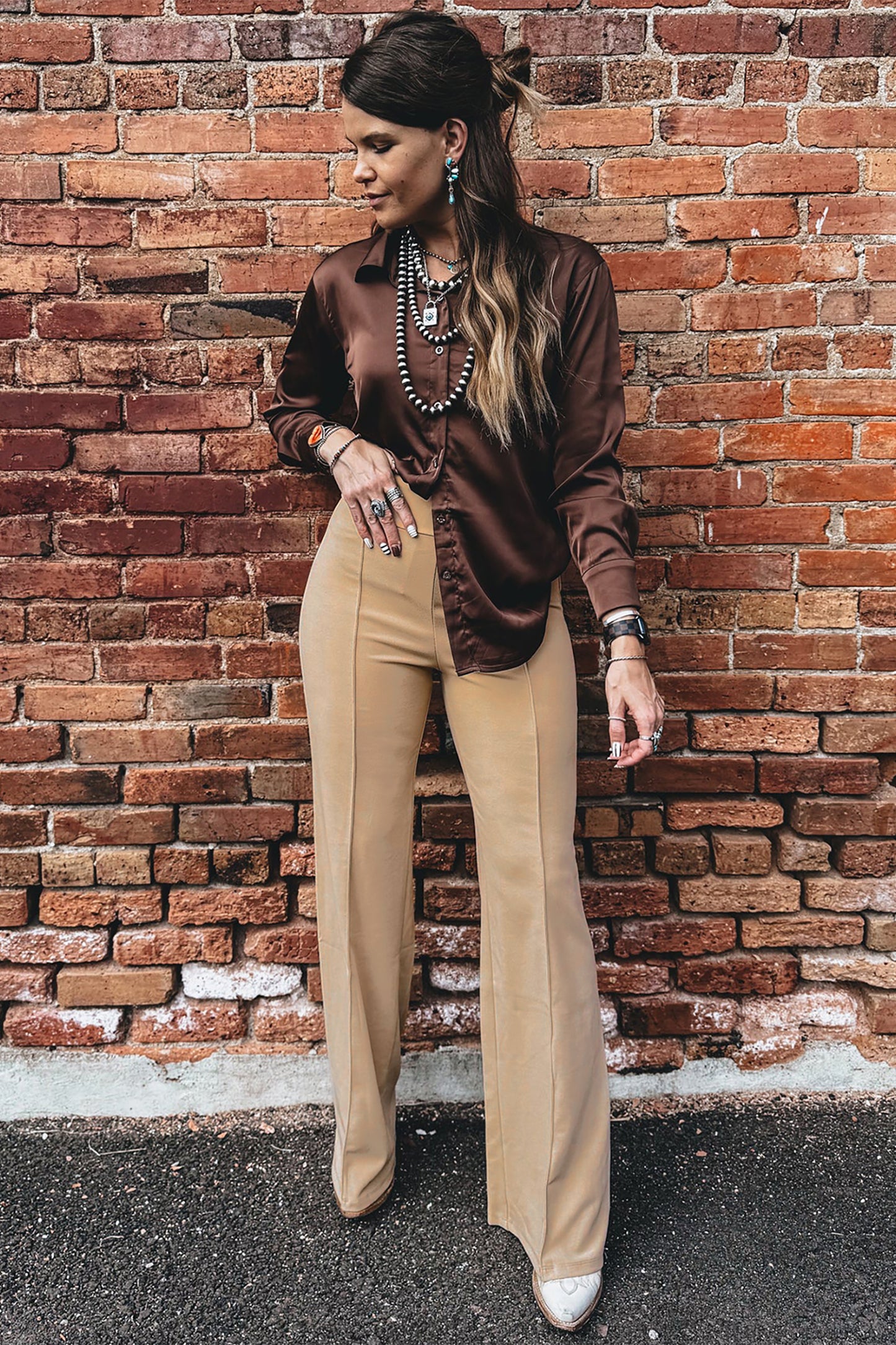 Parchment High Waist Full Length Regular Fit Pants