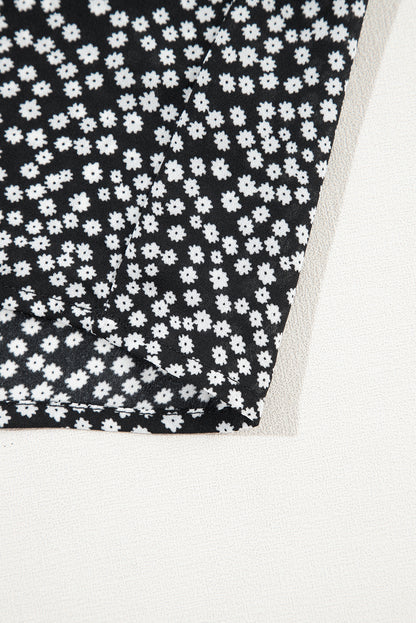 Robe mi-longue noire à imprimé floral et manches longues à col carré