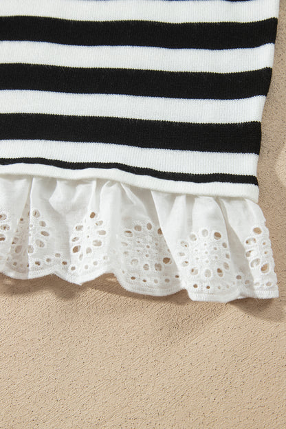 Black Striped High Neck Contrast Ruffle Detail Casual Sweater