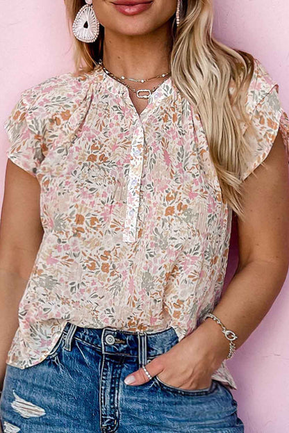 Top con cuello mandarín floral multicolor 