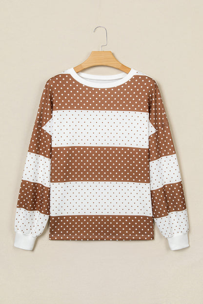 Brown Polka Dot Patchwork Colorblock Long Sleeve Top