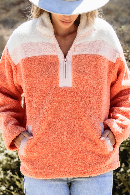 Sweat-shirt sherpa orange à col montant et demi-fermeture éclair