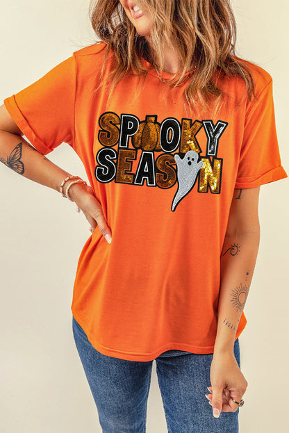 T-shirt d'Halloween à paillettes orange et motif fantôme SPOOKY SEASON