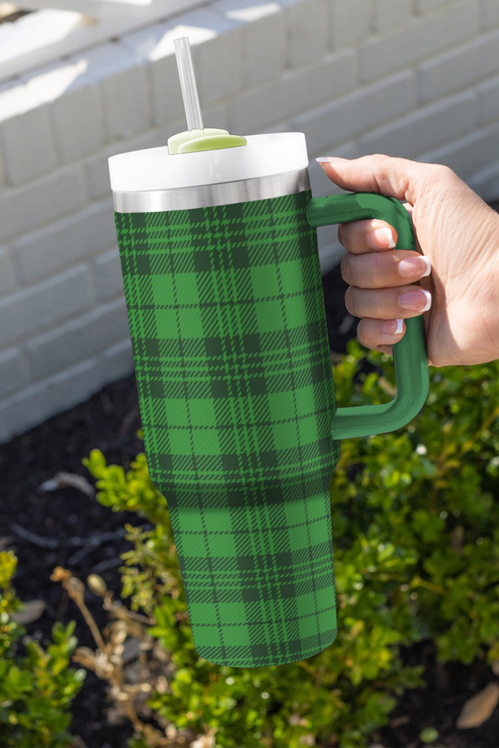 Dark Green Plaid Print Handle Stainless Vacuum Cup 1200ML