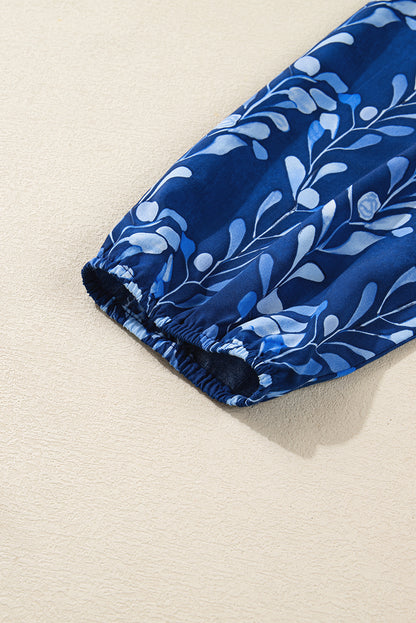 Blue Botanical Print Bracelet Sleeve Notched Neck Blouse