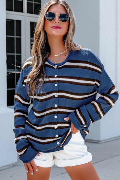 Blue Stripe Striped Drop Shoulder Button Cardigan