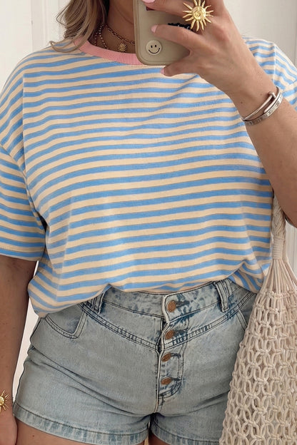 Sky Blue Stripe Plus Size Drop Shoulder Contrast Trim Round Neck Tee