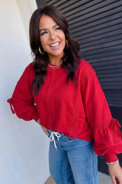 Fiery Red Solid Color Raw Seam Lace Detail Loose Casual Sweatshirt