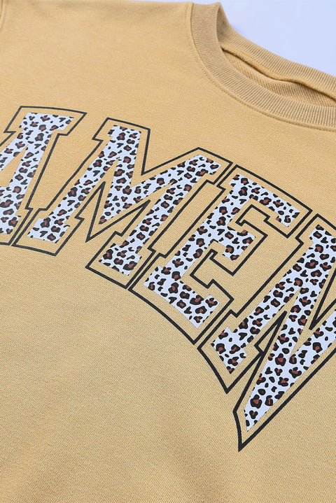 Khaki AMEN Leopard Letter Print Oversized Pullover Sweatshirt