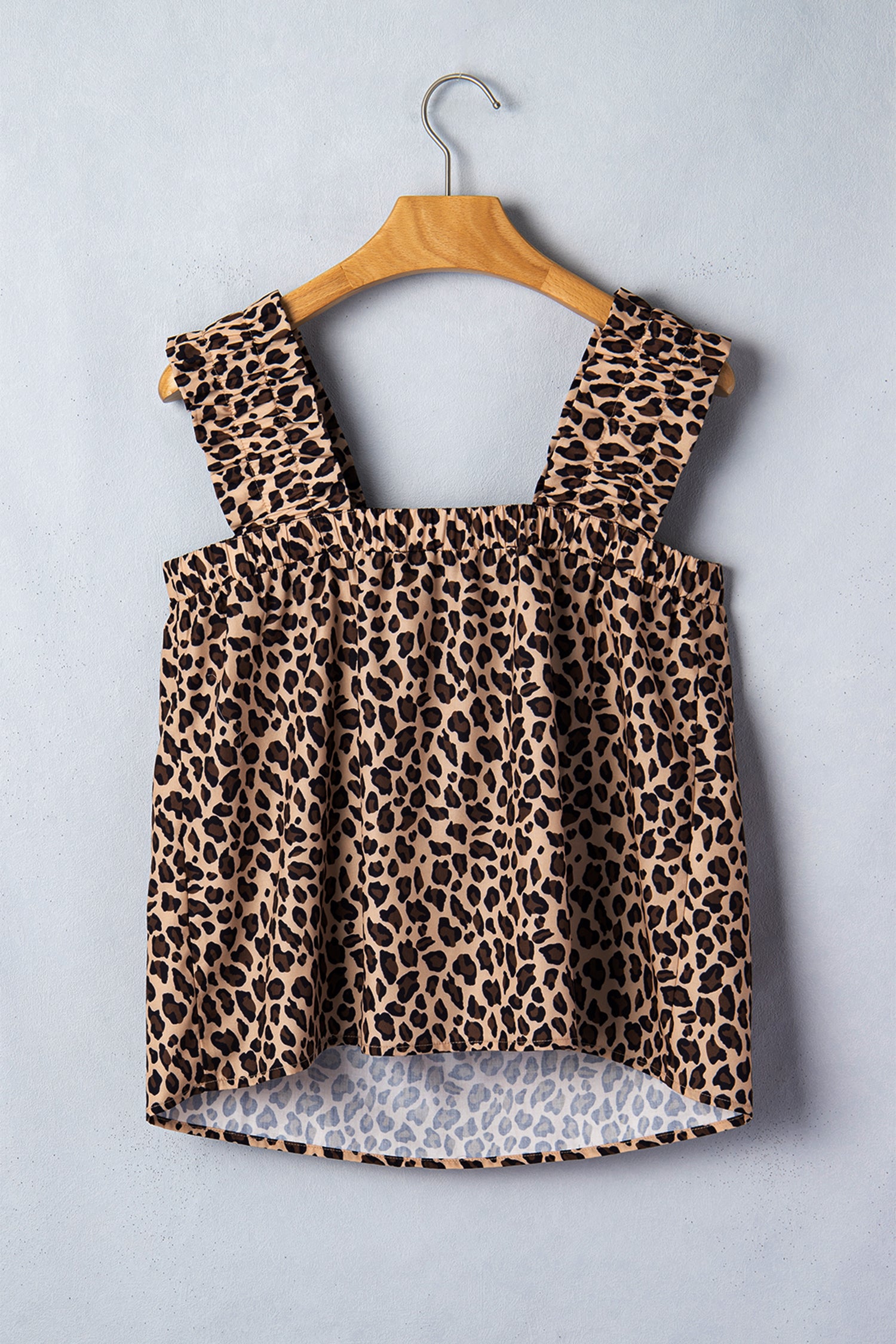 Brown Leopard Print Frilled Square Neck Tank Top