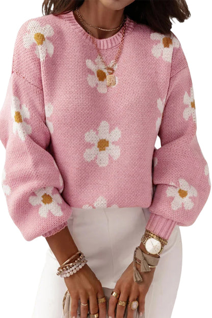 Pull à épaules tombantes et motif floral rose 