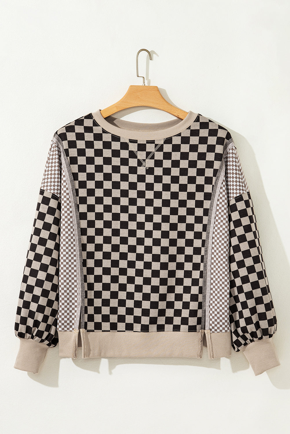 Khaki Mixed Checkered Pattern Patchwork High Low Casual Top