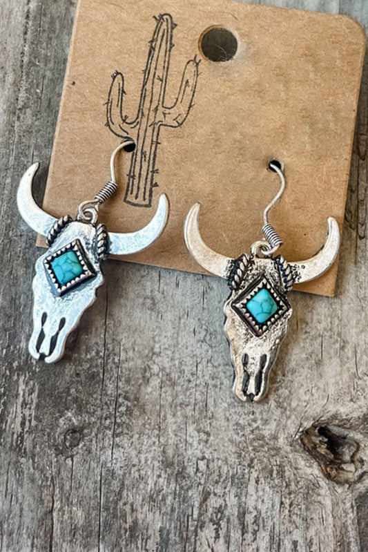 Silver Turquoise Bull Head Western Fashion Earrings