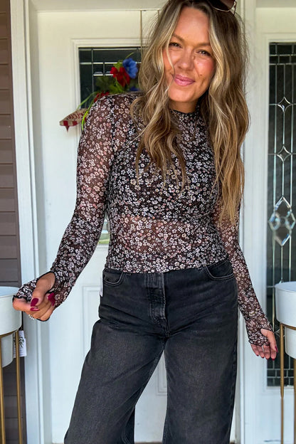 Black Ditsy Floral Mesh Thumbhole Sleeve Slim Fit Top
