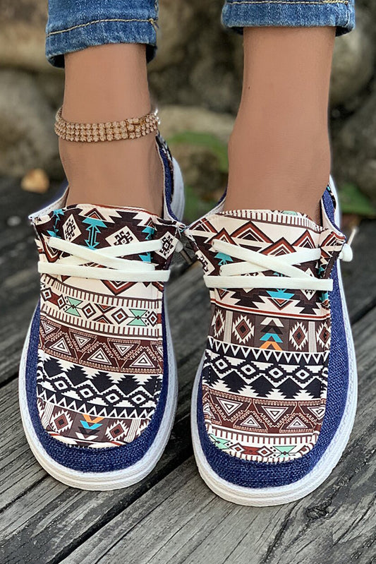Ashleigh Blue Vintage Aztec Patchwork Lace-up Decor Flat Shoes