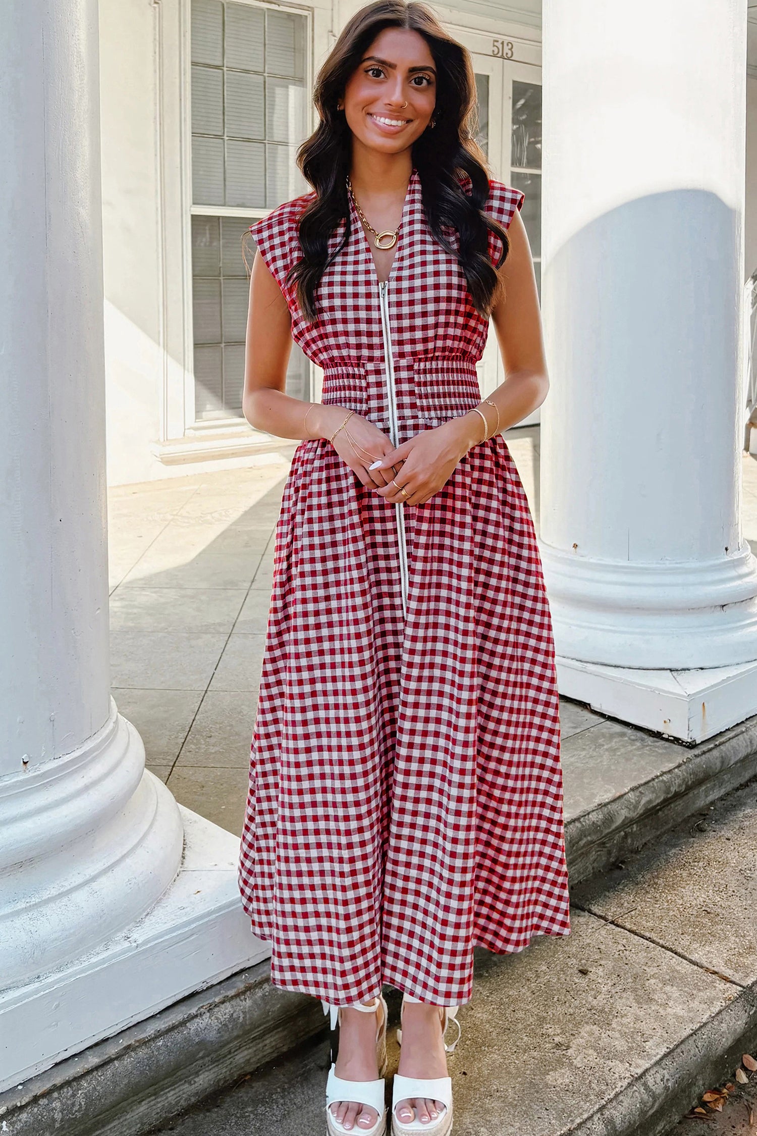 red plaid maxi dress Sweetwater Blue Magnolia 100% Cotton Lining Abigai Belted Tartan Plaid Maxi