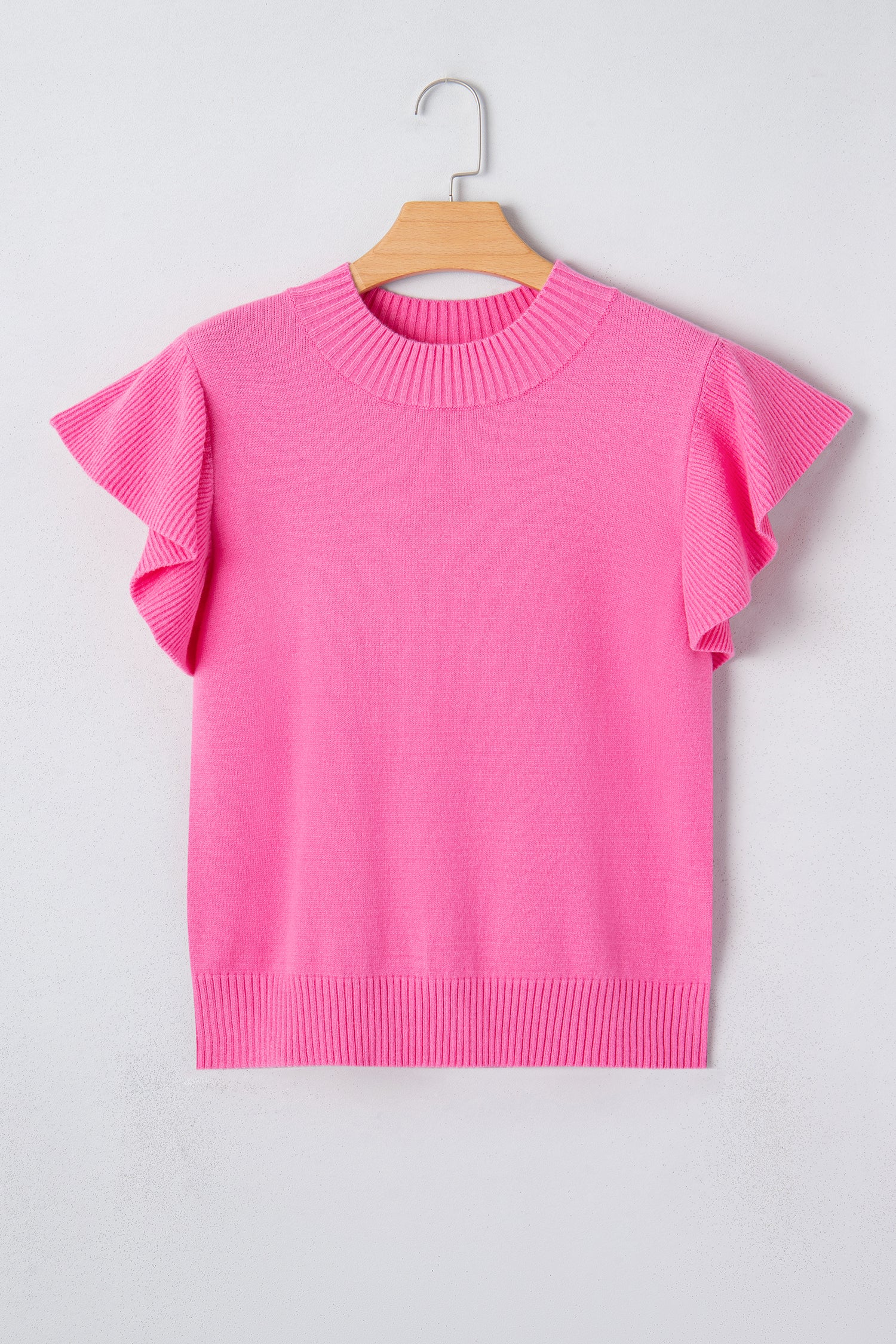 Sachet Pink Solid Color Ribbed Trim Round Neck Ruffle Short Sleeve Sweater