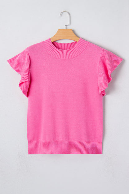Sachet Pink Solid Color Ribbed Trim Round Neck Ruffle Short Sleeve Sweater