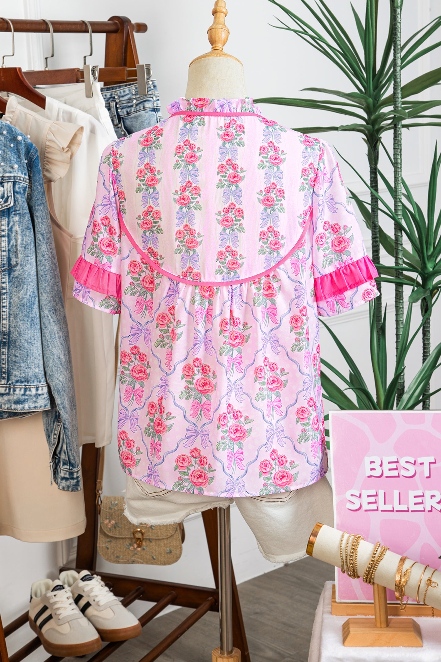 Purple Coquette Floral Bow Printed Contrast Ruffled Short Sleeve Blouse