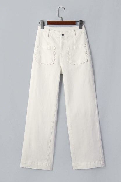 White Solid Color Scalloped Patch Pocket Shift Jeans