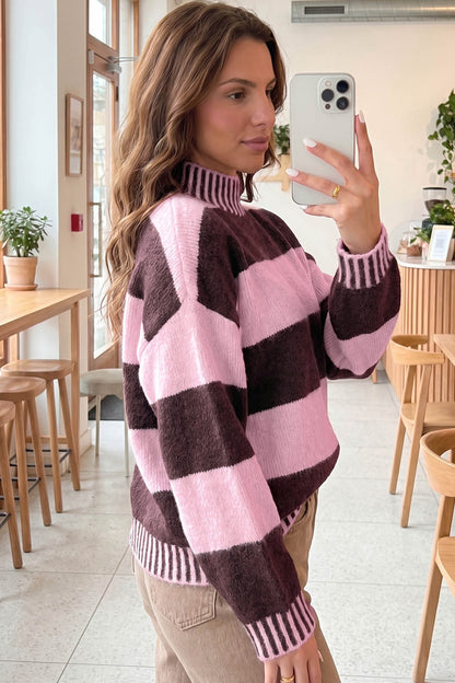 Pink Stripe Contrast High Neck Dropped Shoulder Relaxed Pullover Sweater