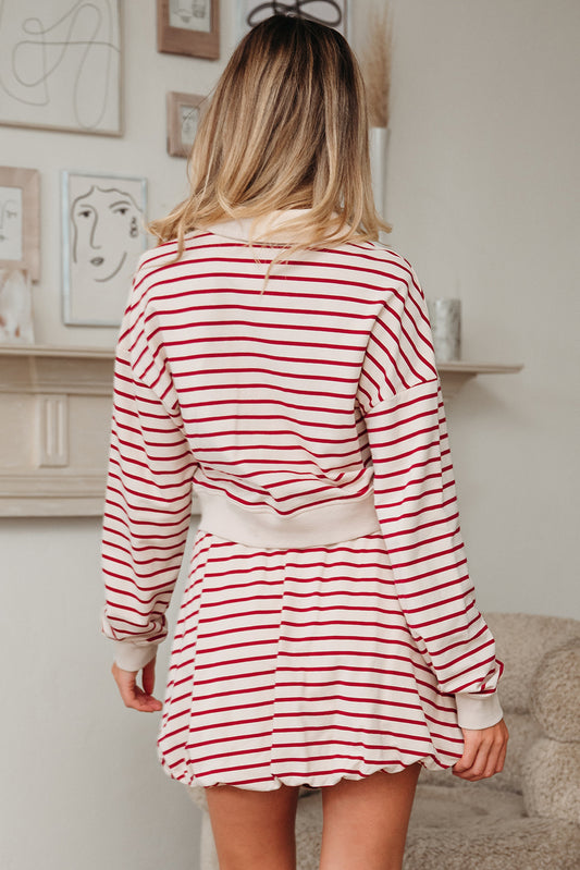Red Stripe Cropped Collared Drop Shoulder Pullover and Bubble Mini Skirt Set