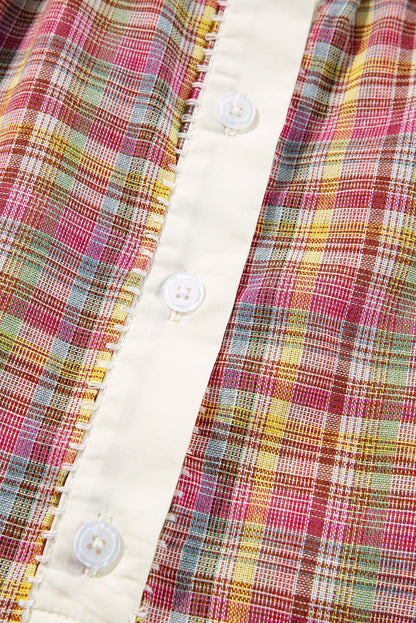 Chemisier Henley patchwork à carreaux colorblock rose