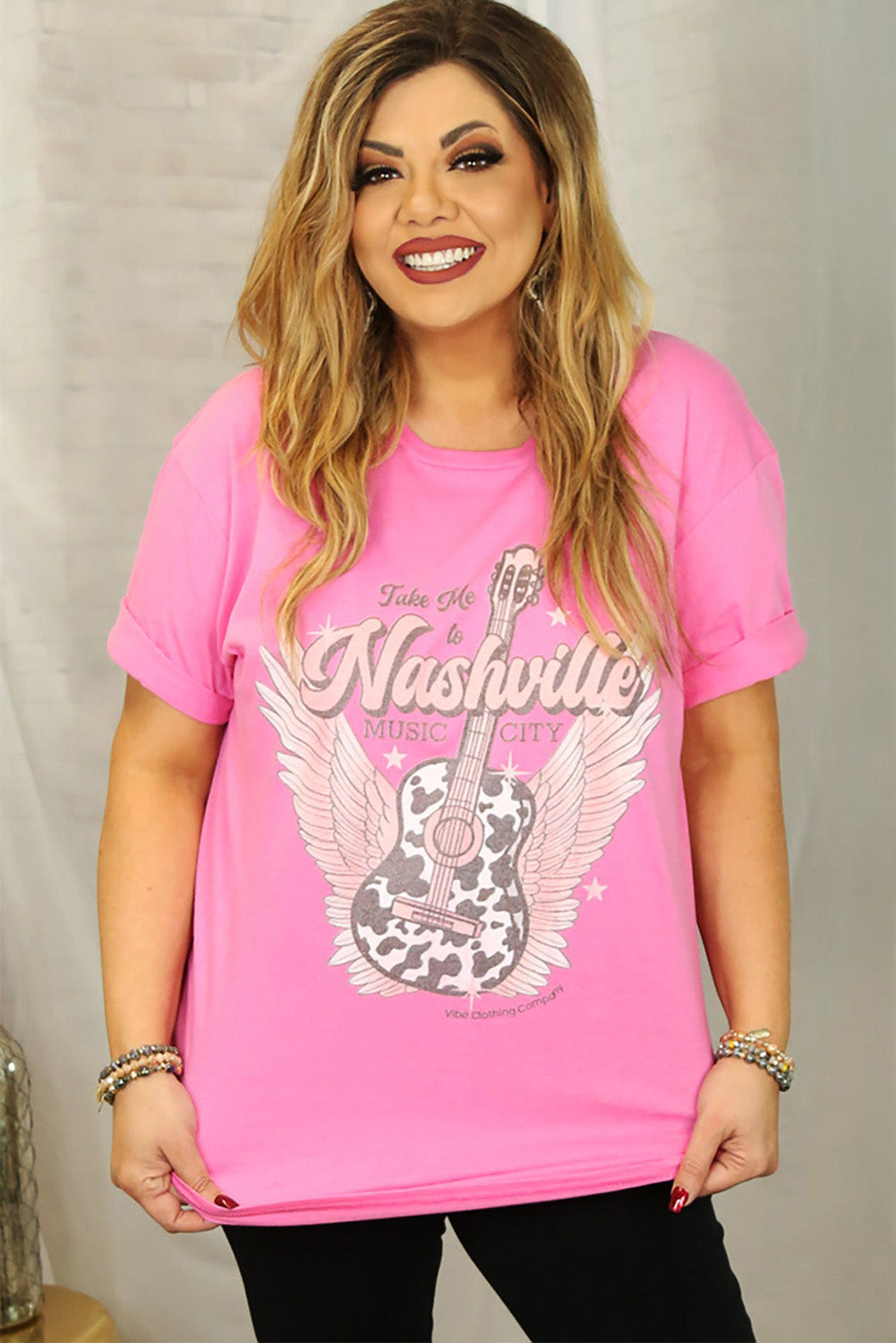 Camiseta de talla grande con estampado gráfico de guitarra de Nashville Music City