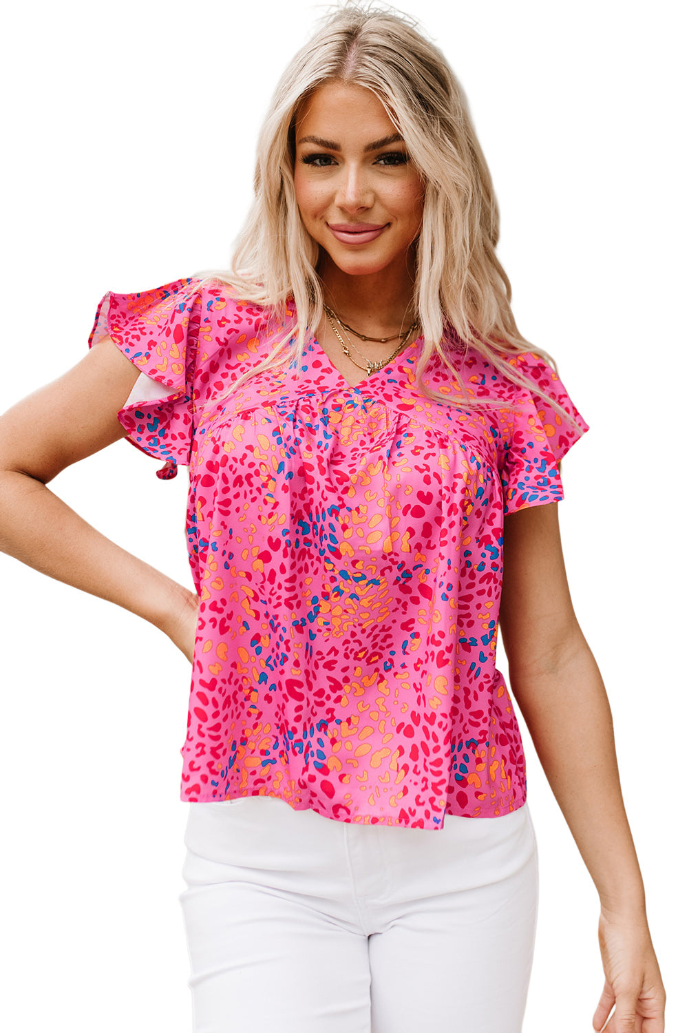 Chemisier à imprimé léopard, col en V et manches flottantes 