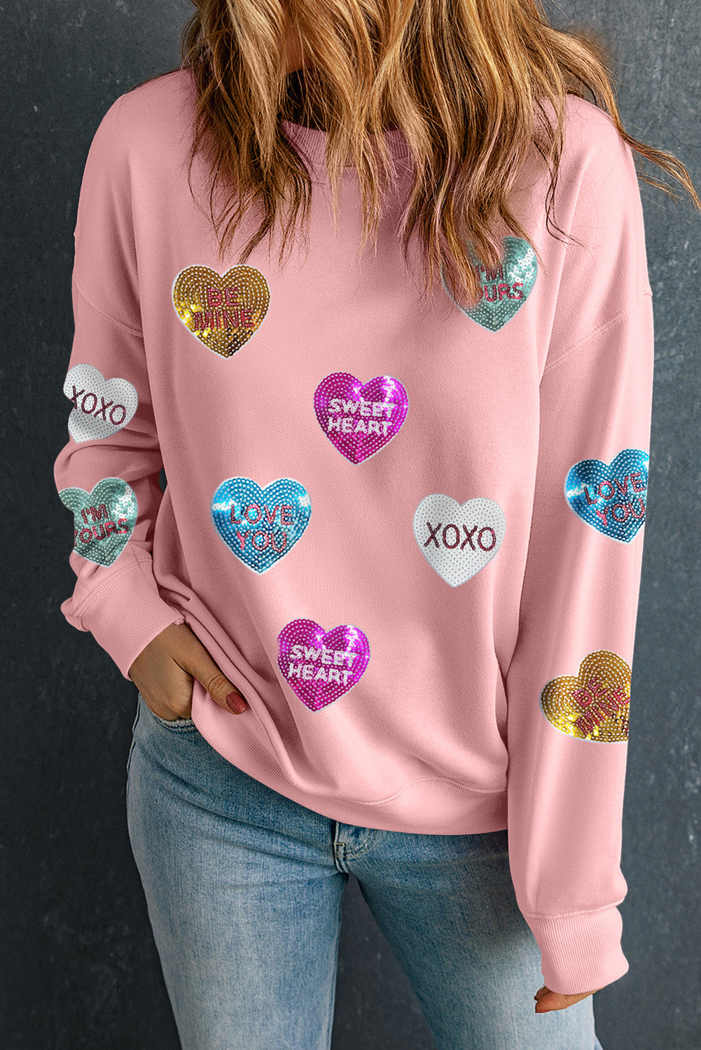 Sweat-shirt de Saint-Valentin à paillettes roses et motif cœur romantique