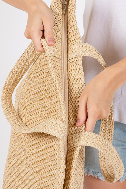 Parchment Solid Color Straw Woven Summer Beach Tote Bag