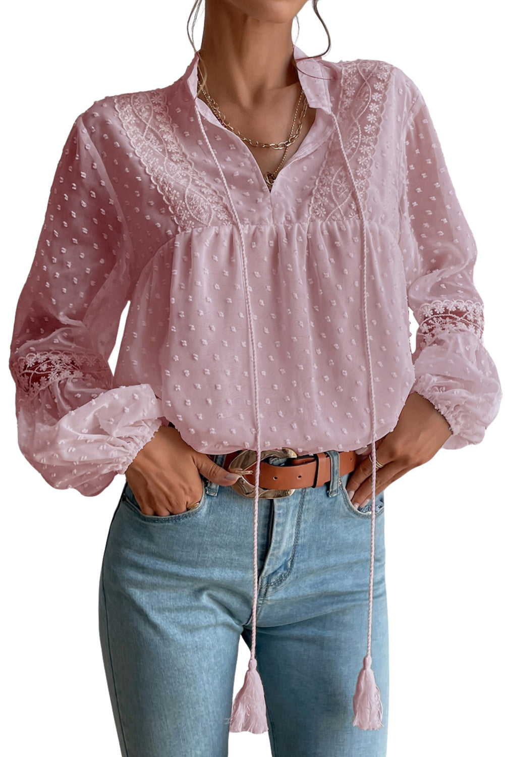 Blusa babydoll con manga globo y cordón de lunares suizos