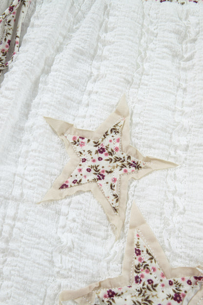 White Textured Lace Detail Floral Star Patch Drawstring Casual Shorts