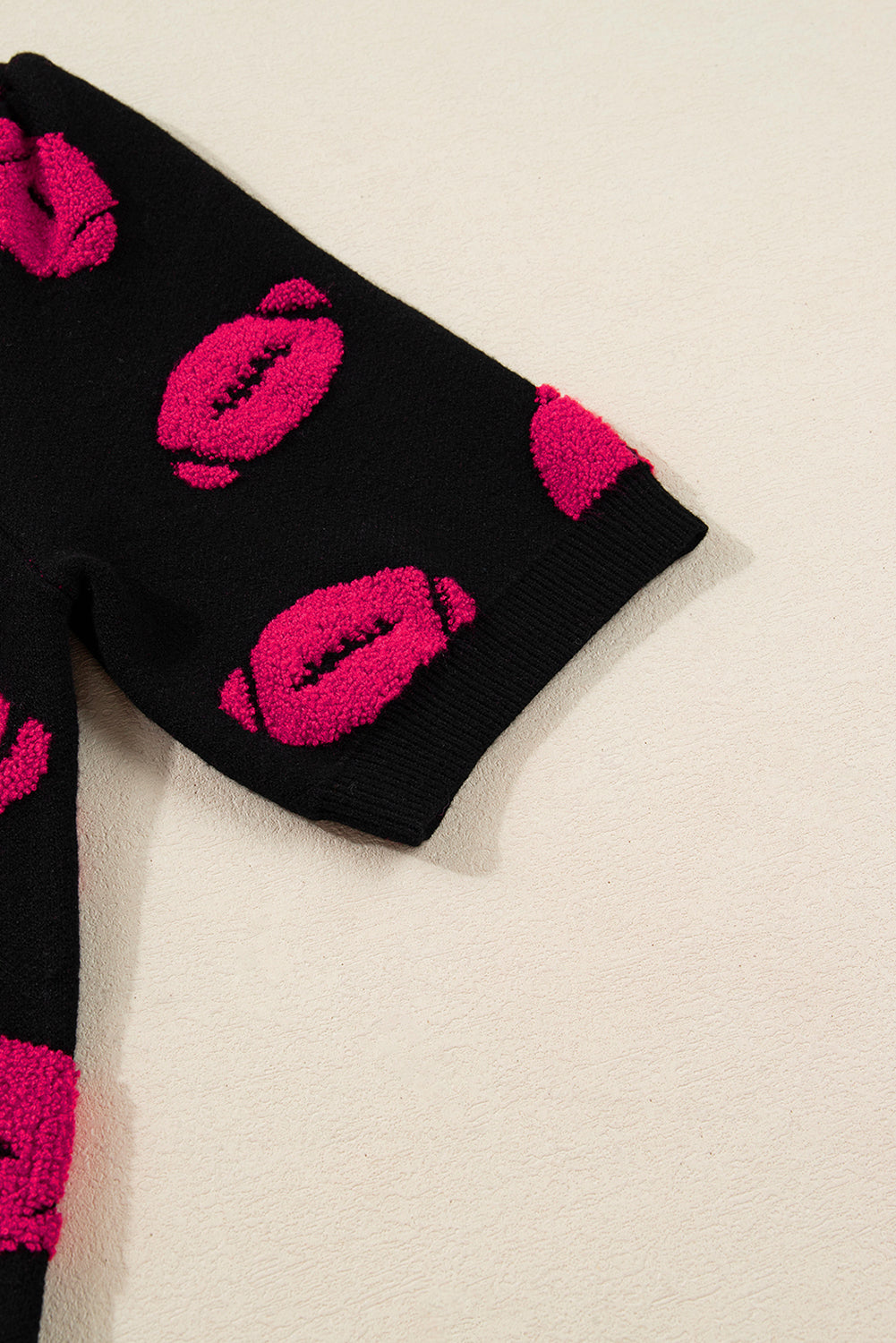 Black Rugby Print Casual Knit Short Sleeve Sweater