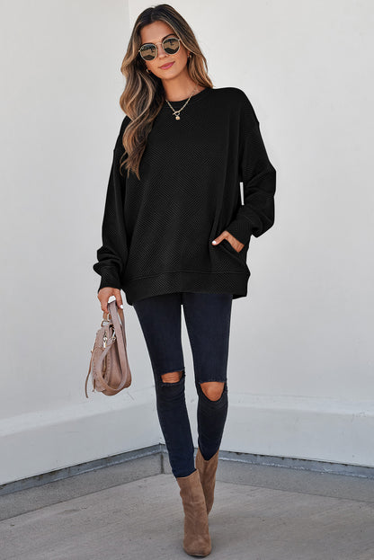 Black Solid Color Textured Round Neck Drop Shoulder Pullover Sweatshirt