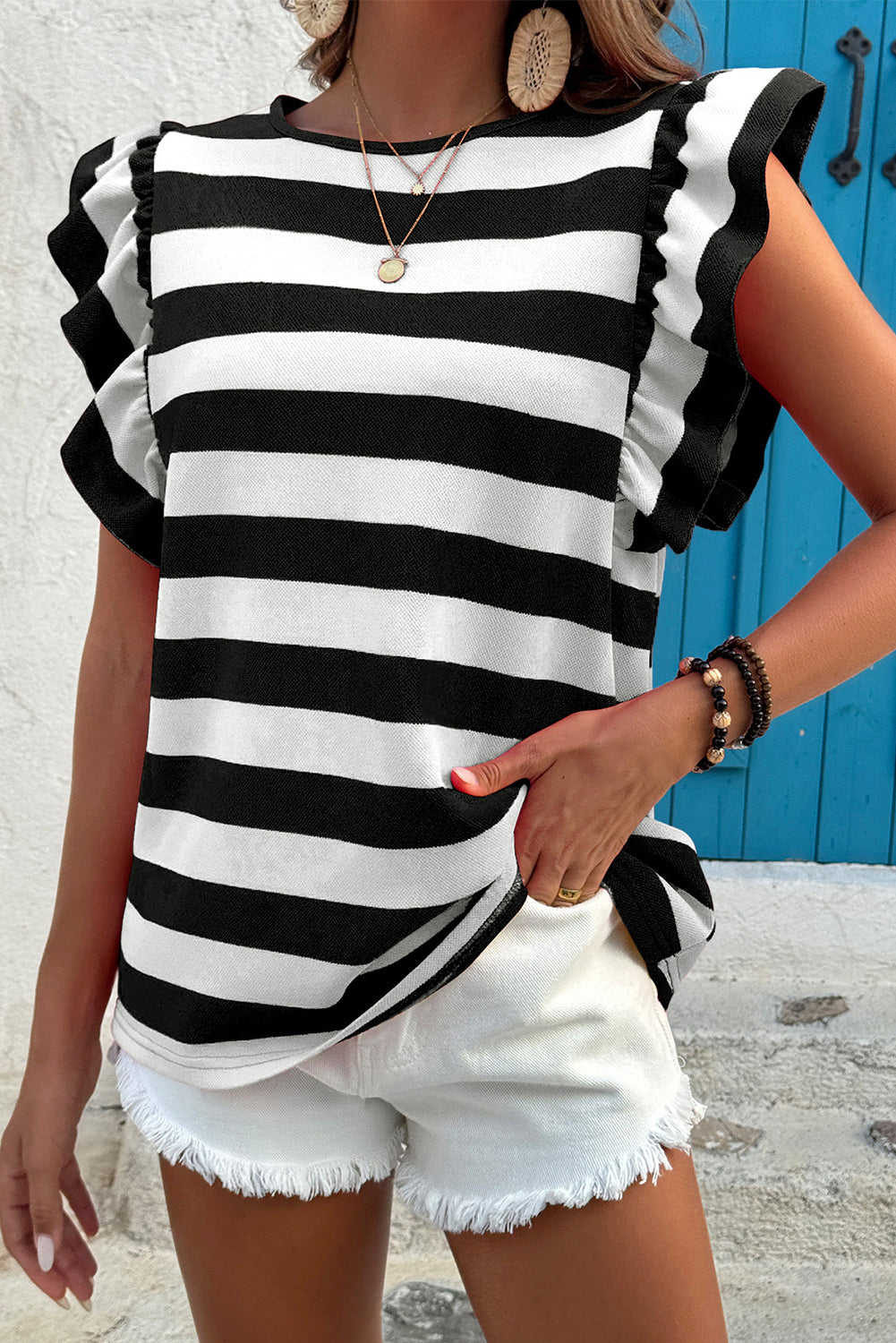 Green Stripe Flutter Sleeve Round Neck T Shirt