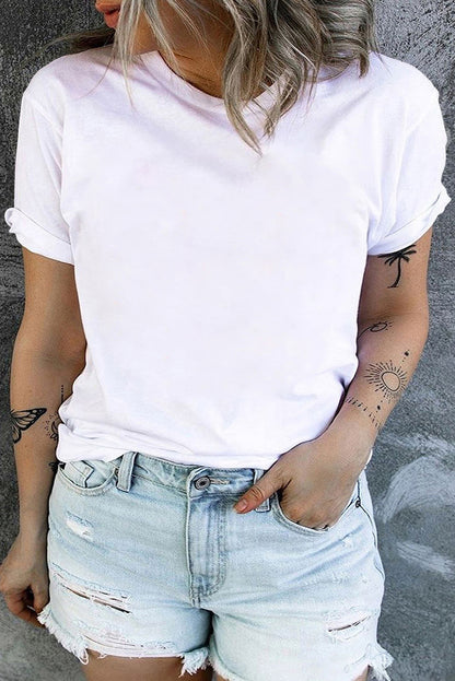 T-shirt blanc à col rond et manches retroussées grande taille