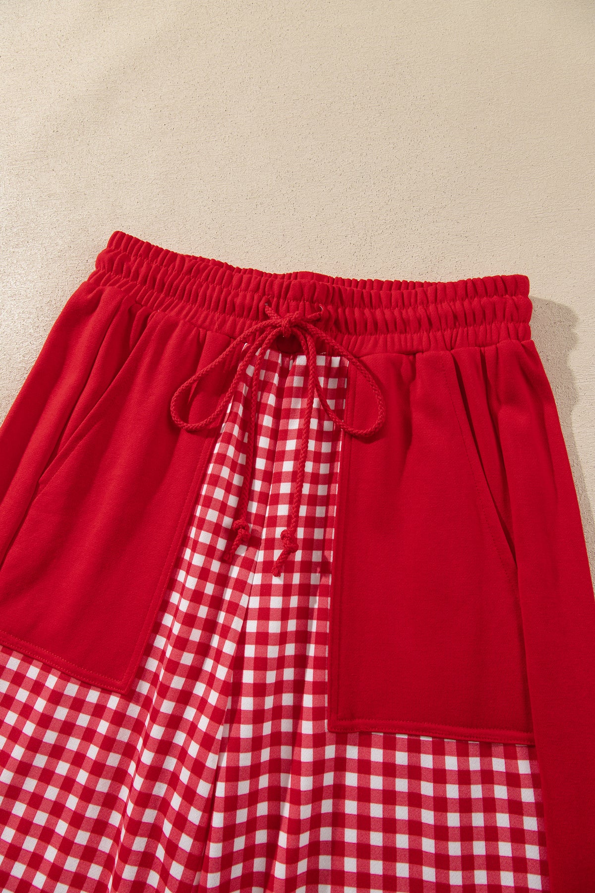 Red Color Block Plaid Patchwork Long Sleeve Pullover Wide Leg Pant Set