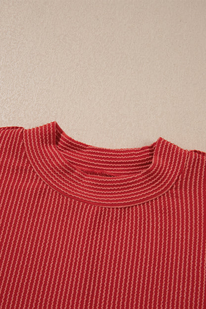 Fiery Red Twist Ribbed Tunic Round Neck Bracelet Sleeve Plus Size Blouse