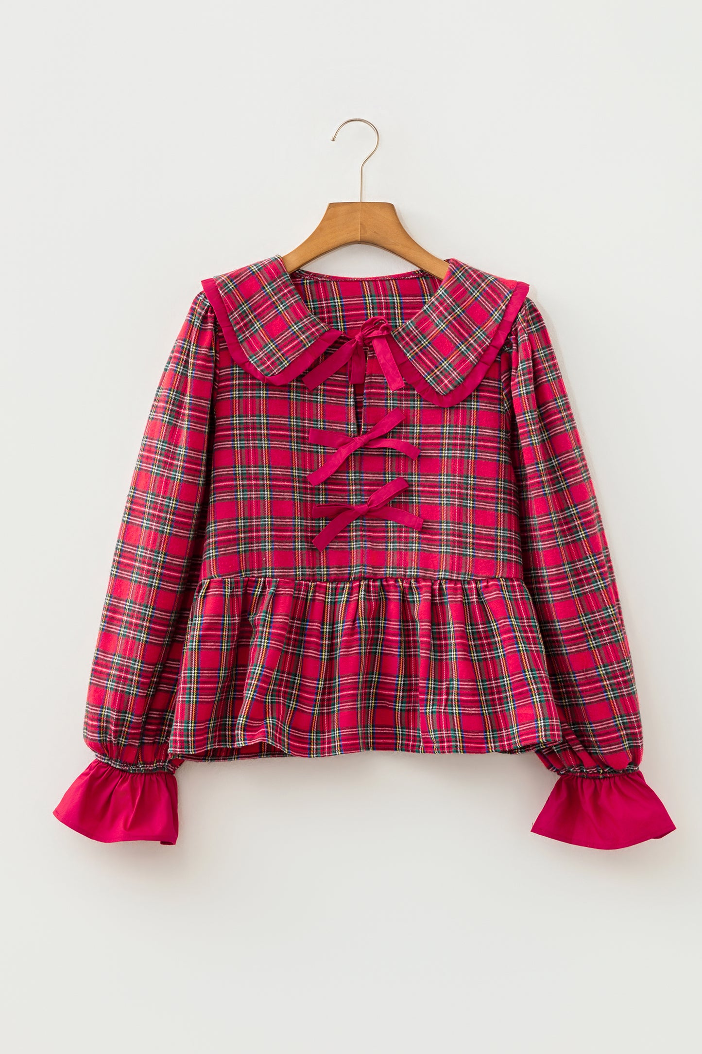 Red Plaid Tie Neck Ruffle Cuffs Long Sleeve Shift Blouse